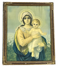 Antique Mother Mary Baby Jesus Christ Print Original Ornate Frame Catholic 22
