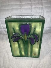 Vintage Glass Block Fused Glass Vase Iris Purple & Green picture