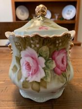 Vintage Lefton China Green Heritage Rose pattern Lidded Biscuit-Candy Jar #6131 picture