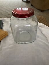 Vintage Square Hoosier Style Clear Ribbed Glass Jar Coffee Cookie Snack Red Lid picture