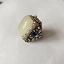Vintage Chinese Miao Silver Inlay Mutton-fat Jade Ring picture