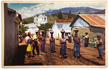 Postcard Guatemalan Woman Carrying Water Pan American Airways, Vintage Linen picture