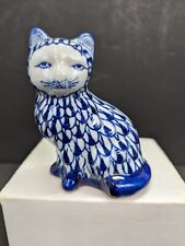 Vintage Porcelain Art Pottery Delf Blue & White Cat Fish Net Style 4 Inch  Tall picture