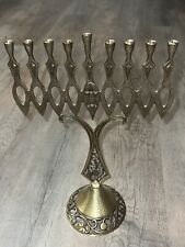 Vtg Judaica Large Old Jewish Brass Menorah w Eilat Stone,Hanukkah Made In Israel picture