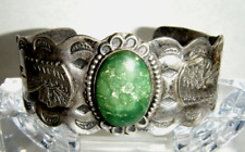 Navajo Fred Harvey Era Green Turquoise Carved Sterling Indian head Cuff Bracelet picture