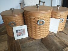 Longaberger Round Basket Canisters Set with Wooden Lids & METAL HANG Tags 2003 picture