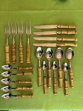Vintage Bamboo Handle Stainless Steel Flatware Japan 20 Pieces picture