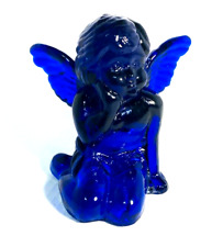 Vintage Cobalt Blue Glass Sitting Angel Cherub Taper Candle Holder 5