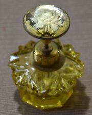 Vtg Irice Brass Pump Perfume Bottle Yellow Glass w/inlaid Lucite Flower JAPAN picture