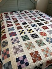 9 Patch Quilt Hand Quilted Vintage Fabrics Feedsack 90x68” Patchwork Cottage picture