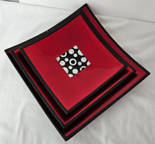 3 VTG Red Lacquer-ware Square Trays~Shiho-Bon Japanese~Circles 1980 Sushi (Read) picture