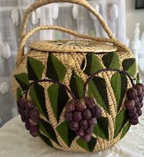 Vintage Round XL Rattan Basket With Lid Grapes Leaves Handles 14LX50”Circum picture