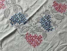 Vtg Cross Stitch Embroidered Linen Tablecloth Topper 56X70