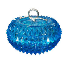 Indiana Glass Diamond Point Lidded Blue Jar Candy/Trinket Dish Metal Handle 4.5