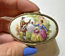 Vintage Dainty Gold t Porcelain Romantic Couple Hand Painted Enamel Trinket Box picture