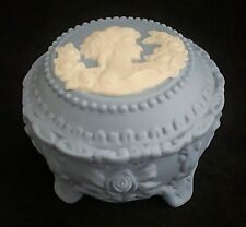Jasperware CAMEO Trinket BOX Powder FOOTED Lady FLOWERS Wedgewood Blue FLUTED picture