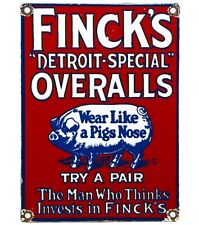 VINTAGE FINCK'S OVERALLS PORCELAIN SIGN PIG FARM FINKS LEVIS LEE DETROIT GAS OIL picture