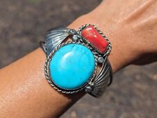 Vintage Navajo Bracelet Turquoise Coral Silver Native NA Jewelry sz 6.75 Signed picture