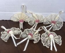 Vintage Victorian Style Lace Pleated Fan Christmas Ornaments Lot/6 Mauve Roses picture