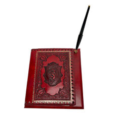 Vtg Firenze Italy Tooled Leather Desk Pad, Pen Holder Embossed Cover 9” X 8” picture