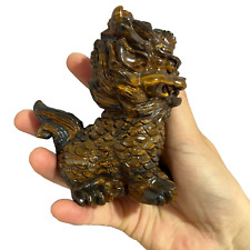 0.9LB 3.5'' Natural Iron Tiger Eye kylin Quartz Crystal Carved Figurine Gift picture