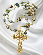 Anglican Unbreakable Rosary, Green Agate Beads, Gold Tone Beads, Filigree Cross picture