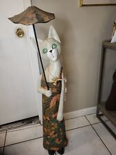 Vintage Lady Wooden Hand Carved Rare Cat Holding An Umbrella 