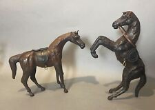 PAIR OF VINTAGE ANTIQUE WRAPPED TOOLED LEATHER FIGURAL HORSE STATUE FIGURES picture