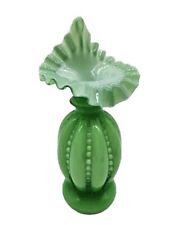 Fenton Green Beaded Overlay Ruffled Jack In The Pulpit Vase Rare Find 9 Inches picture