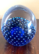 Cobalt Art Glass Controlled Bubbles Round Clear & Blue Paperweight  Orb-3.5