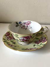 DIAMOND Occupied Japan Vtg TEACUP & SAUCER YELLOW W/ PINK FLOWERS picture