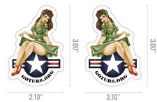 WWII Bomber GotUr6 pinup girl 2x3 opposing stickers. Brunette, GotUr.org picture
