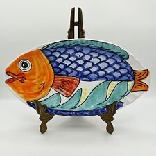 Art Pottery Fish Serving Platter Bright Vibrant Colors Hand Painted Red Clay picture