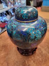 Vintage Chinese Blue And Green Flower Cloisonné Enamel & Brass Ginger Jar picture