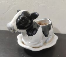 VINTAGE CDP Natural White Clay Black White Glazed Ceramic Cow Planter picture