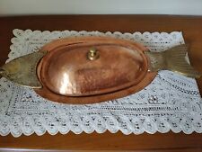 Antique Hammered Copper & Brass Fish Plate with Lid Poacher Server 23