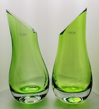 Vintage Tarnow Poland Vases Emerald Green Slant Art Glass Vase 8” - Set of 2 picture