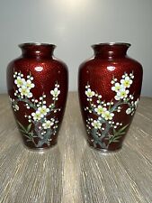 Pair VTG/Antique Japanese Cloisonné Ginbari Vases - Red, Plum Branches Blossoms picture