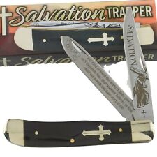 Salvation Cross Trapper John 3:16 Pocket Knife Black Buffalo Horn Handle picture
