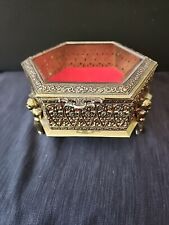 Vtg Hollywood Regency Gold Filigree Jewelry Trinket Box Beveled Glass Cherub Leg picture