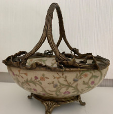 Chinese Floral Design Footed Hand Painted Porcelain and Bronze Bowl with Handle picture