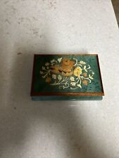 Vtg Italian Wood Inlay Music Jewelry Box Footed Teal &Floral Italy Edelweiss picture