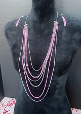 Pink & Silver Tiered Layers Necklace with Earrings, Fashion Jewelry 3-Piece Set picture