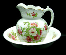 Antique Victorian Era Matching Ironstone Wash Bowl and Pitcher Floral Bouquets picture