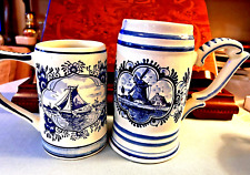 2 VTG DELFT BLUE TANKARDS - HOLLAND - HAND PAINTED DUTCH POTTERY- SO COLLECTABLE picture
