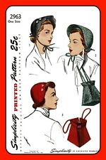 HAT Cap BONNET Purse BAG Simplicity 2963 Vintage 1949 CRAFT Sewing Pattern picture