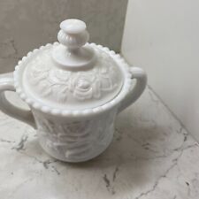 Vintage White Roses Embossed Milk Glass Sugar Bowl with Handles & Lid picture