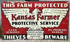 Vintage 1950s Kansas Farmer Protective Service Tin Sign 13.5”x8” Nice Graphics picture