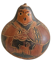 Peruvian Folk Art Hand Carved Gourd  Peru Holding a small animal 4