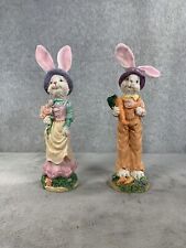 Vintage Set Of 2 Bunny Rabbit Figurines Human Like Wearing Clothes Standing picture